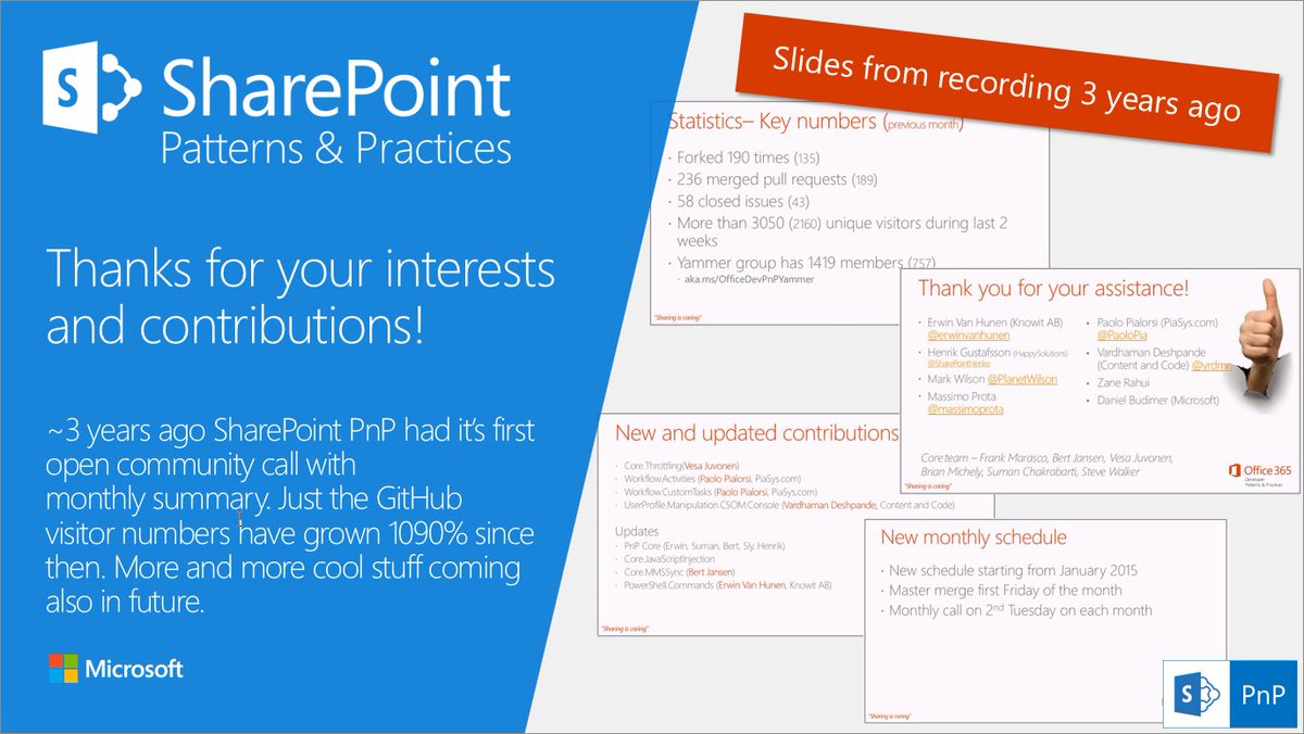 vesajuvonen's tweet image. It&apos;s roughly 3 years since our first open monthly community call around #SharePoint PnP. Thanks for your contributions since and also in the future for the benefit of other! SharePoint has the most amazing dev community! Old recording - channel9.msdn.com/blogs/OfficeDe… #SPFx #Office365dev