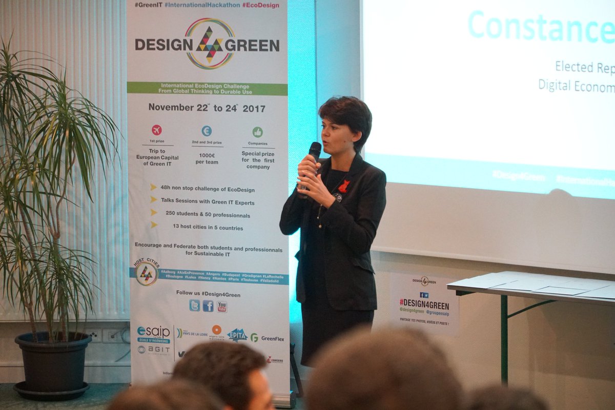 Design4Green's tweet photo. Constance Nebbula @LaPlanneuse (Élue @Angers &amp; @AngersAgglo #numerique #innovation) ouvre le #DESIGN4GREEN et souhaite bonne chance à tous les participants ! #GreenIT https://t.co/YLbtsPe8co