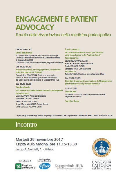 Engaging_Care's tweet photo. 👉#Engage2Adovate | Sarà con noi anche @laudelcam in rappresentanza di #FAVO - Federazione italiana delle Associazioni di Volontariato in Oncologia -  a discutere del ruolo e dei bisogni formativi delle Associazioni per la promozione del #patientengagement https://t.co/6Ix2ahwjyL