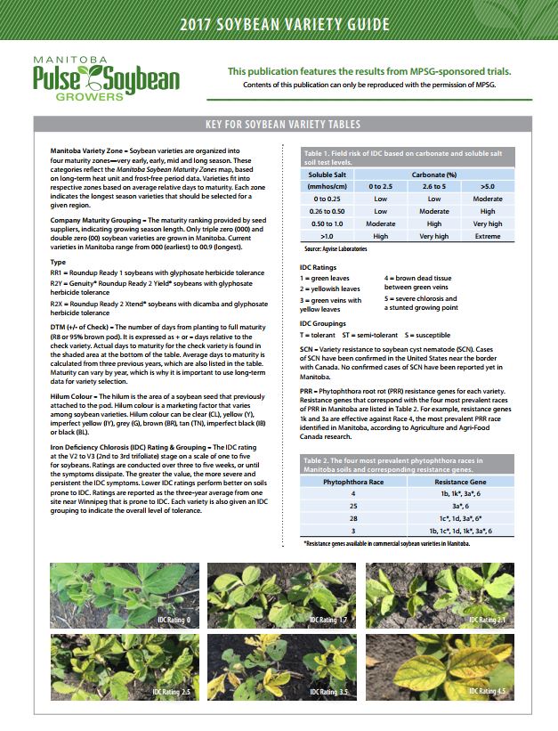 MbPulseGrowers's tweet photo. The 2017 Soybean Variety Guide is now available! Visit https://t.co/SUT9kEI17t or download the pdf here: https://t.co/hlPMlWs3JW 
Look for updates in this guide, such as the most prevalent PRR races in MB + corresponding resistance genes. #MBAg #soybeans https://t.co/bupZvkBBs5