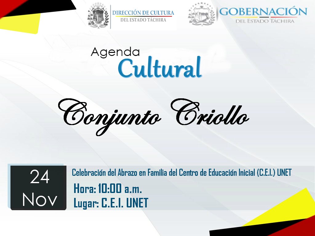 DCETachira's tweet photo. #AgendaCultural Este #24Nov/10AM ntro #ConjuntoCriollo será parte del #AbrazoEnFamilia que realizará toda la comunidad del CEI Simoncito #UNET en su institución #NotiTáchira https://t.co/zORn6uxS5D