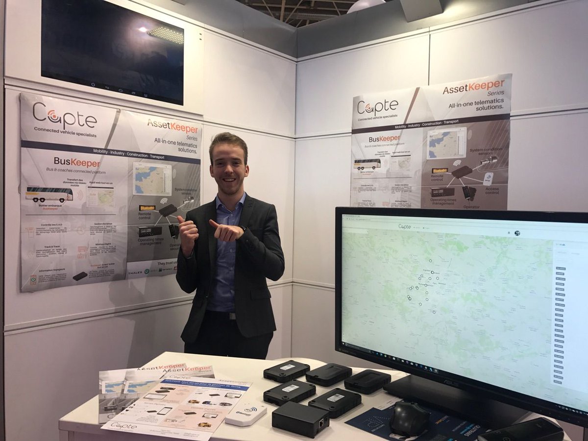 CapteIOT's tweet photo. Awesome second day at @SOLUTRANS in Lyon with @PaulChipault presenting #BusKeeper and #AssetKeeper products. Stop by and have a chat, we might be able to help with some pressing #IOT problems in your transportation and logistics business! https://t.co/KWQj6iEc29