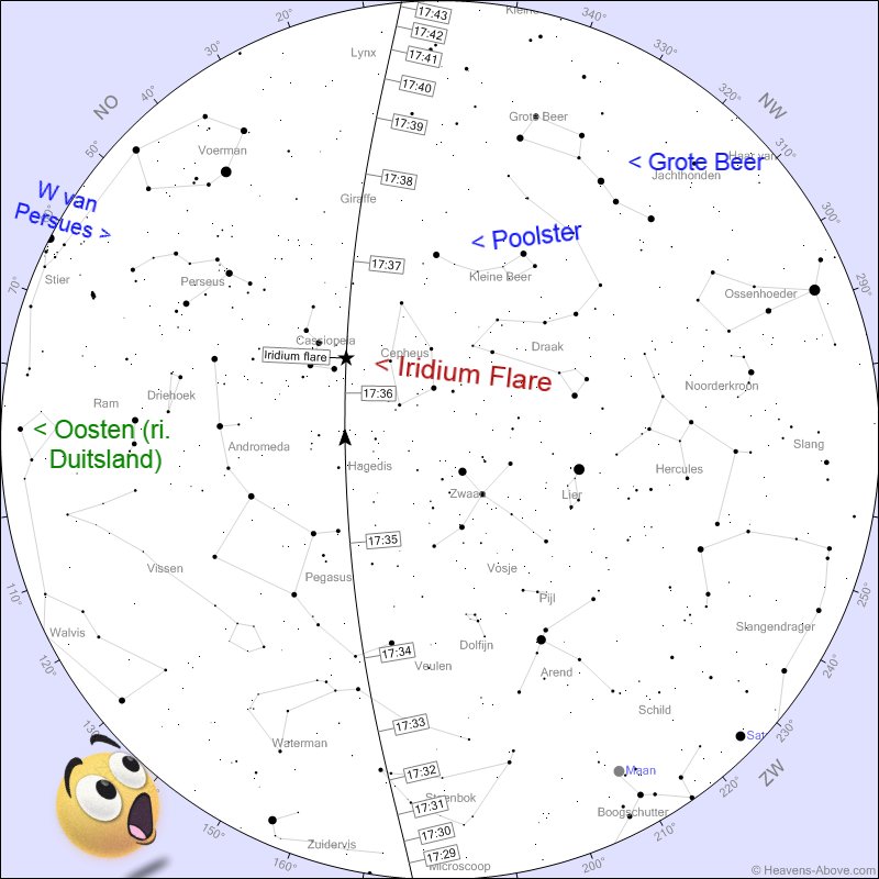 Onno_de_Waal's tweet photo. Kijk om 17:33 en vooral om 17:36u   even omhoog in #Zevenaar. Een prachtige #Iridium-flare zal zichtbaar zijn.
Uw hoofd pal omhoog houden maar uw neus ri. het Oosten/Duitsland houden. https://t.co/TMN9TFskcN