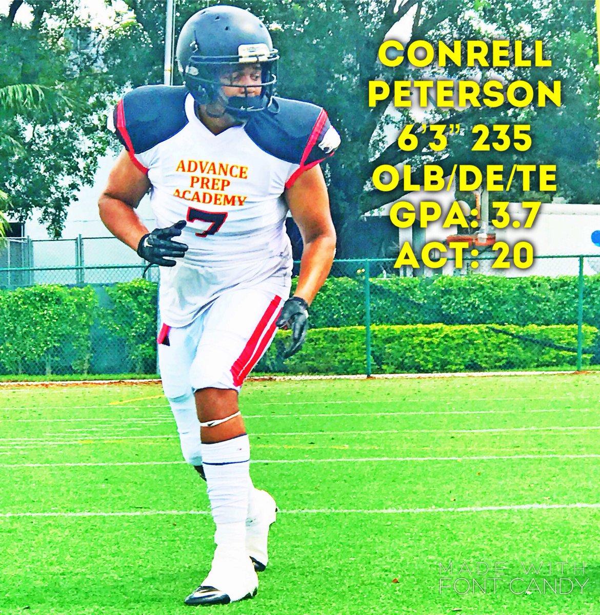 APACoachLeo's tweet photo. Coaches we have a OLB/DE/TE Conrell Peterson 6’3” 235 GPA: 3.7 ACT: 20 available &amp; ready to report in Jan 2018 4/4. Full Season Highlight - https://t.co/itlxzZ7G65 https://t.co/kFMyQrfuIZ