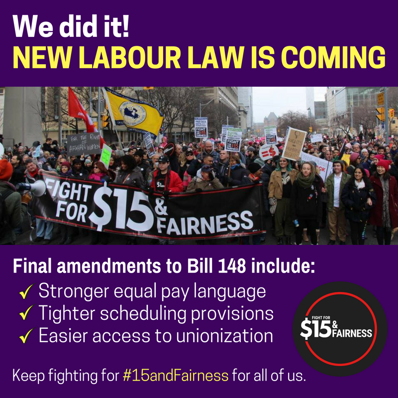 Brynne_SW's tweet photo. Excited #Bill148 is going to pass today! We've been working hard &amp; mobilizing to win labour law reforms. Thousands of workers will get a raise, easier access to union + two paid sick days. What's next? Keep fighting for decent work for ALL! #15andFairness #OnPoli #PowerON #CanLab https://t.co/7uHuFG2FoA