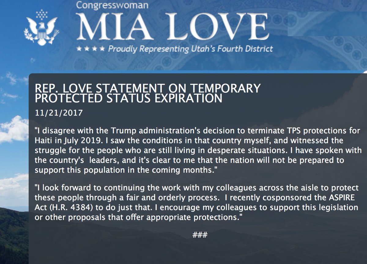 ijdh's tweet photo. .@RepMiaLove said she disagreed with @DHS's decision to terminate #TPS for #Haiti. "I saw the conditions in that country myself, and witnessed the struggle for the people who are still living in desperate situations,"said Congresswoman Love. #SavePTS https://t.co/azZxwNiZVH https://t.co/WEfLM1FV8o