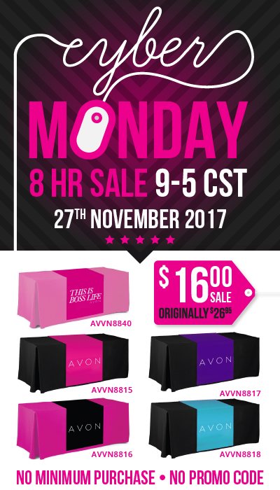 AvonPrintShop's tweet photo. Cyber Monday Deal
$16 Table Runners
Over 40% OFF!  
Monday, November 27th only.
No promo code required. https://t.co/Fom8HKBu1c