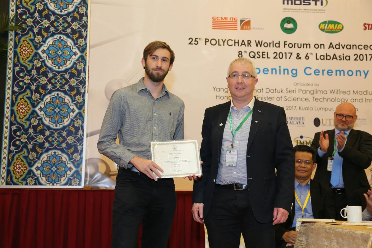 Tweed_Research's tweet photo. @Tweed_Food_Sci is proud to have been awarded the IUPAC Prize for best student poster (our Phd student: Benoît Basse) at the 25th Polychar World Forum on Advanced Materials, held b/w 9-13Oct. in KL, Malaysia!

232 participants from 30 countries, > 60 poster presentations! https://t.co/9d3VjHy55F