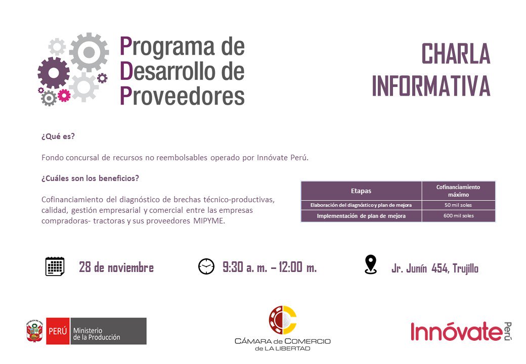 CCLL_Trujillo's tweet photo. La #CCPLL, el @MINPRODUCCION e @InnovatePeru organizan la Charla informativa: Programa de Desarrollo de Proveedores.
📅 28 de noviembre 🕚 09:30 a.m. 📝 https://t.co/LDx0JQkATY (Registro obligatorio) #IngresoLibre https://t.co/1IWHvfhf0c