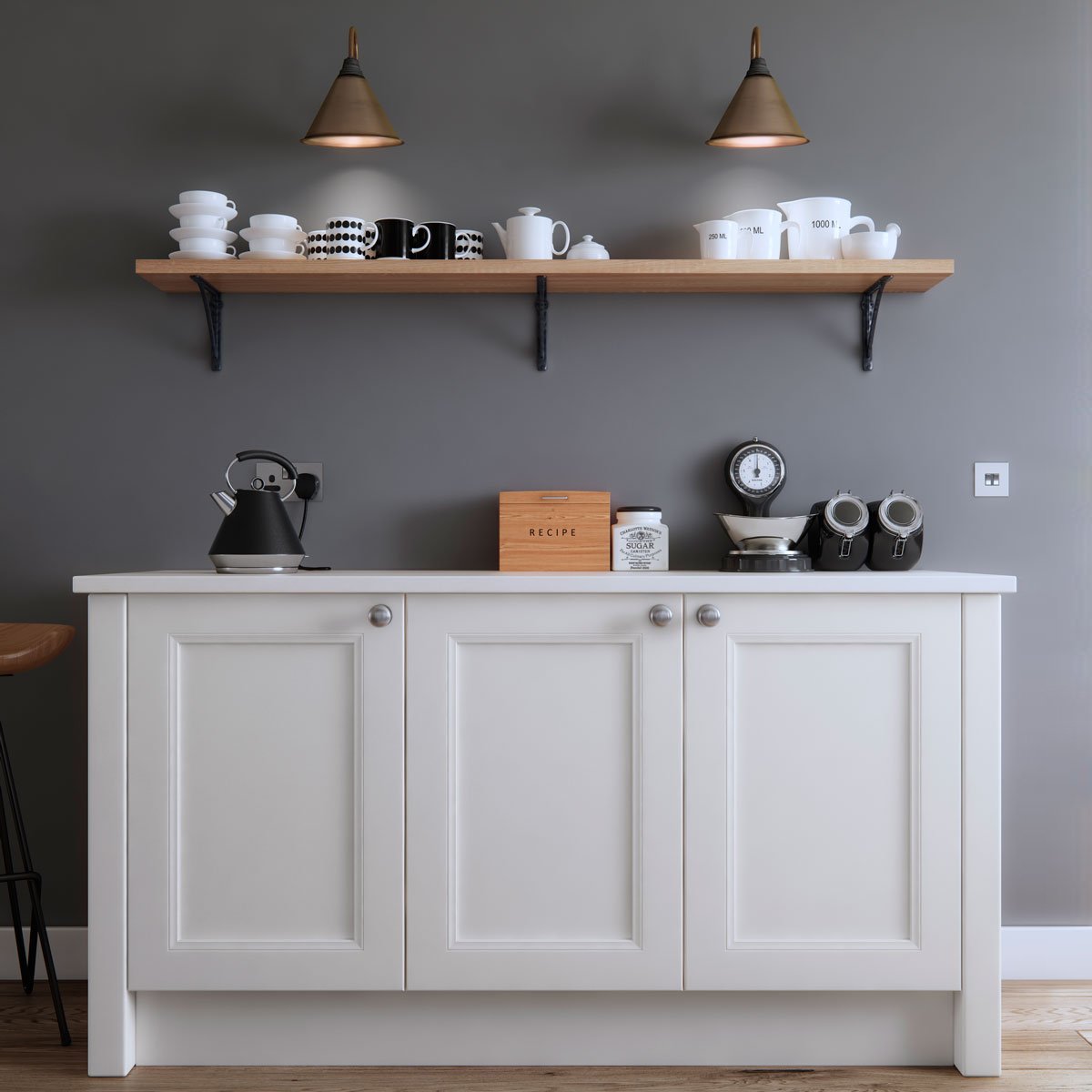 FARRINGDON BEADED | A stand alone unit complete with stylish open shelving makes for an ideal drinks station #coffeestation #teastation #creamkitchen #mattkitchen #paintedkitchen