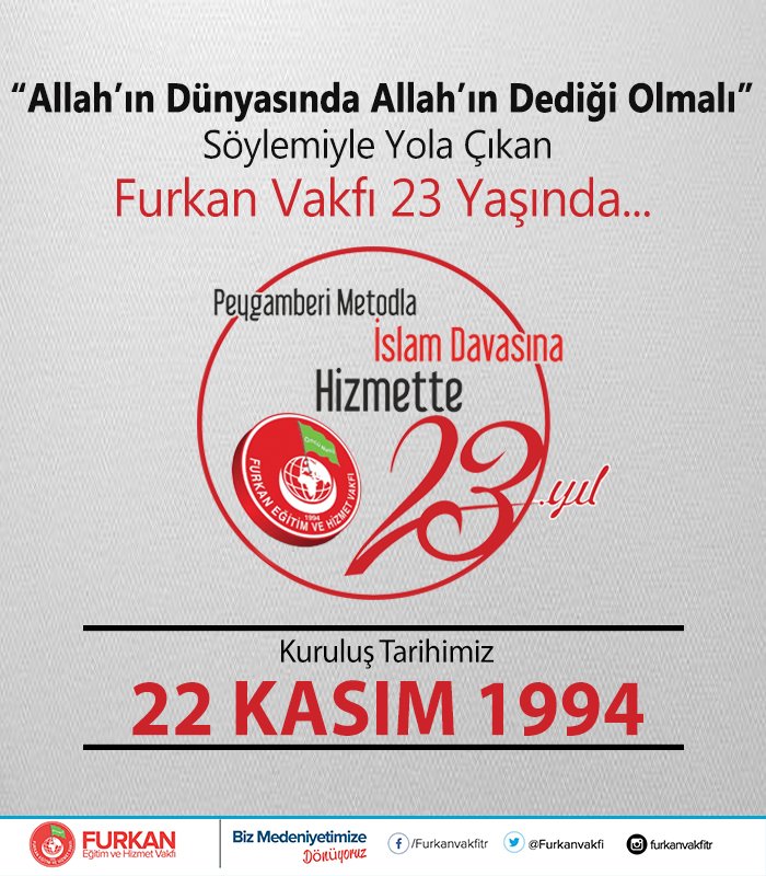 MedyaFurkan's tweet photo. “Allah’ın Dünyasında Allah’ın Dediği Olmalı” Söylemiyle Yola Çıkan Furkan Vakfı 23 Yaşında... https://t.co/AmCeMv8XN9