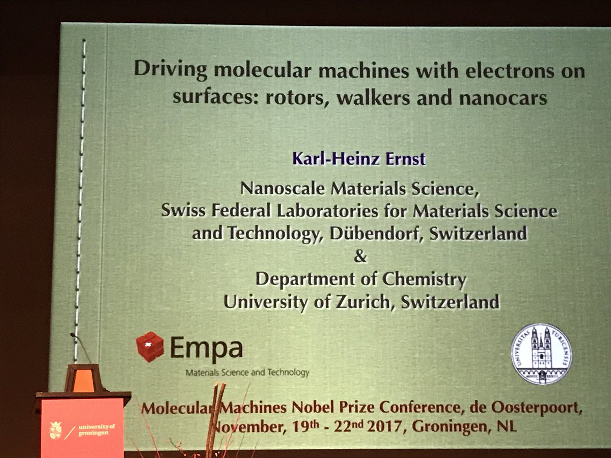 sirfrasersays's tweet photo. Karl-Heinz Ernst (Zürich) gives us a historical glimpse of chirality and force microscopy before taking us on a journey of driving molecular machines, e.g., rotors, walkers and nanocars, with electrons on surfaces - I.e., “playing soccer with molecules!”  #MMNP. @univgroningen https://t.co/2J6gib8eSr