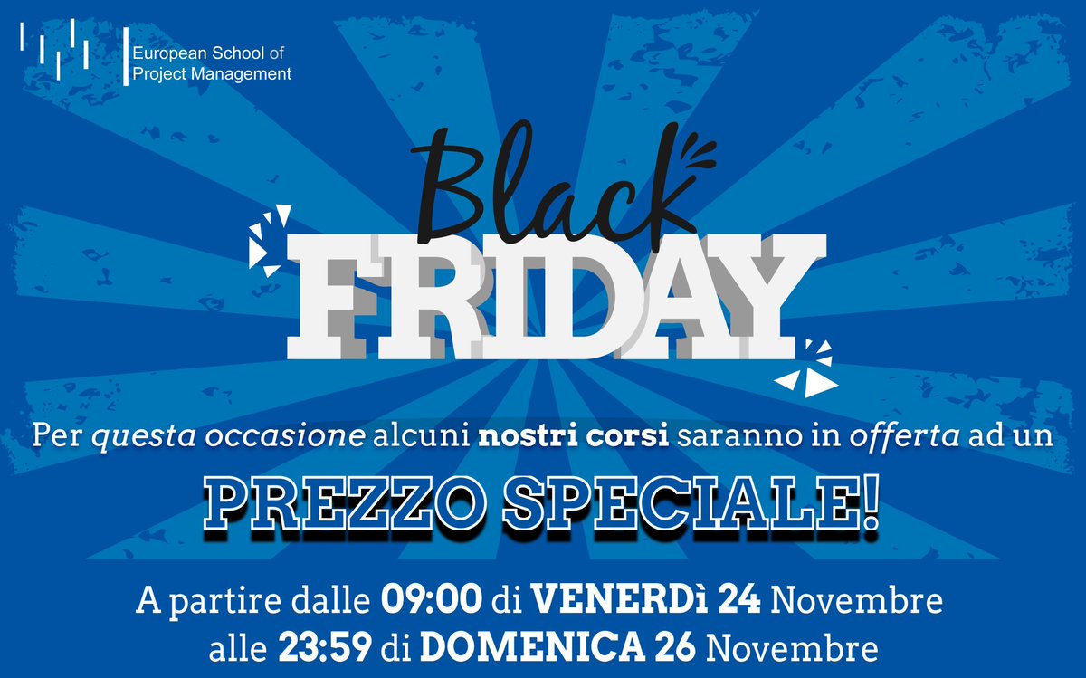 espm01's tweet photo. In occasione del #BlackFriday i nostri #corsi saranno in offerta ad un prezzo speciale!!
Per maggiori informazioni visitate il nostro sito https://t.co/2jCSQMWbpP a partire dalle 9:00 di venerdì 24!
#ESPM #formazione #projectmanagement #Softskills #Sales https://t.co/u7mhsPkdKy