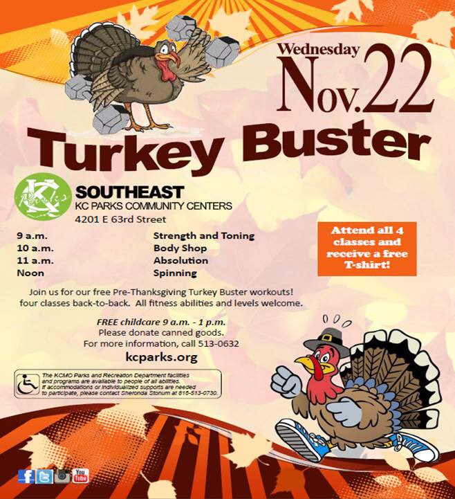 KCMOParks's tweet photo. #TurkeyBuster or Bust! Today at #KCParks Southeast Community Center in Swope Park! Happy Thanksgiving! 🦃🍁🍽 https://t.co/4w0BRG7jN9