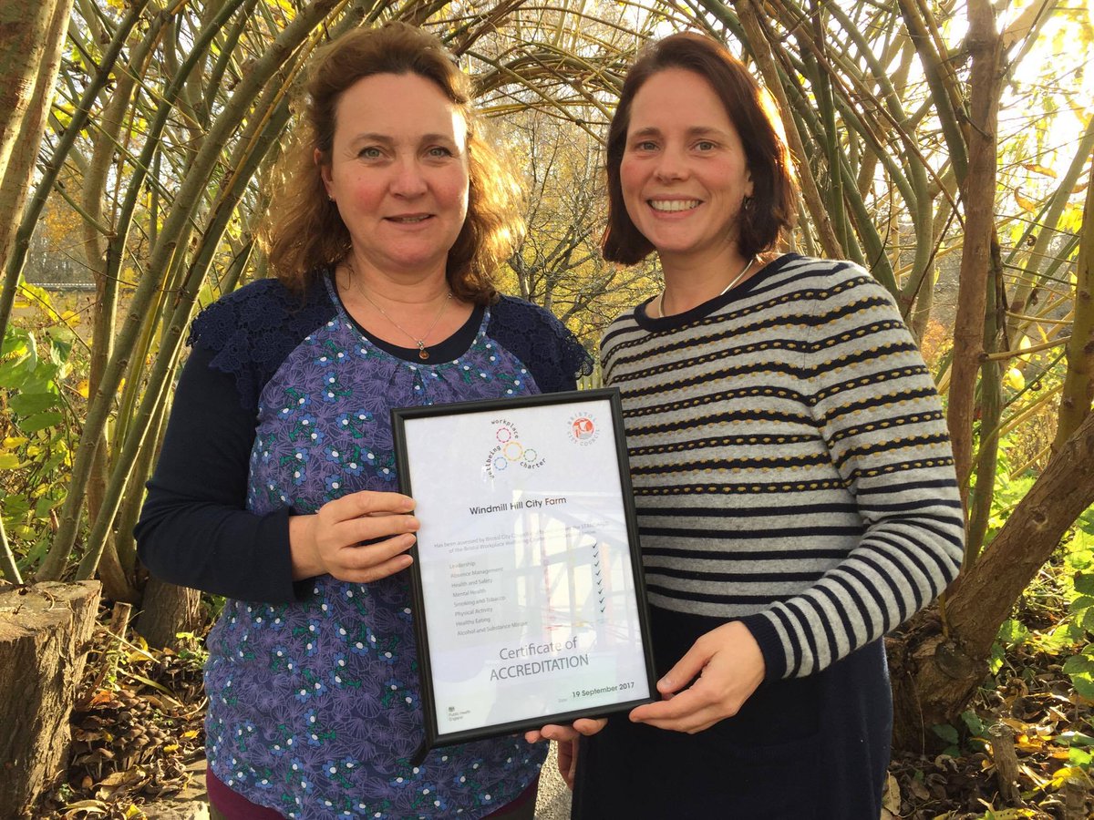 windcityfarm's tweet photo. We are delighted to be one of only two organisations in Bristol to achieve excellence across all eight standards of the #WorkplaceWellbeingCharter, here's a very proud Sarah and Tania with our certificate!
#ThriveBristol  @BristolCouncil #Wellbeing #MentalHealth #Bristol https://t.co/aYR6IvSGS4