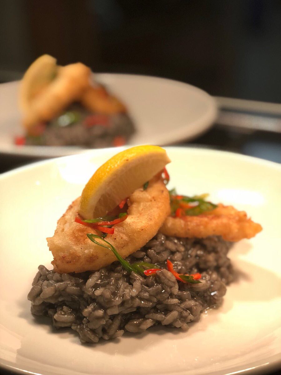 dfarmarGM's tweet photo. Tempura squid and #squid ink risotto  for #lunch! @LussoCatering https://t.co/2fPIAorNOP