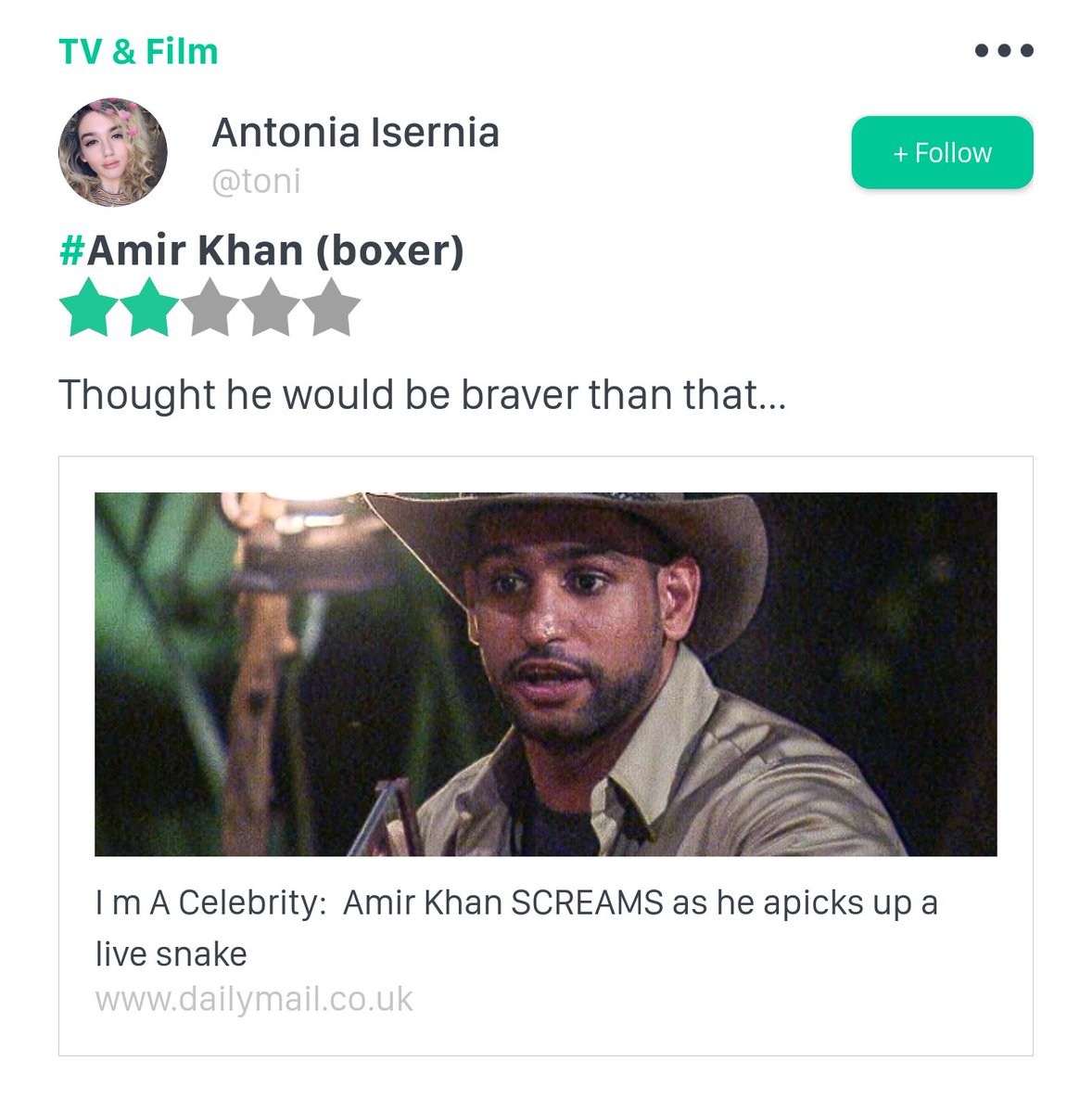 JabaSocial's tweet photo. Amir Khan is getting a hammering on Jaba, his average rating is just 2.3*... What do you think of the boxer come jungle contestant? Let the world know on Jaba - https://t.co/AJuNw8nYZM #AmirKhan #AmirKhant #ImACeleb #imacelebrity #ImACeleb2017 #ImACelebrity2017 https://t.co/wubkSOo7fA