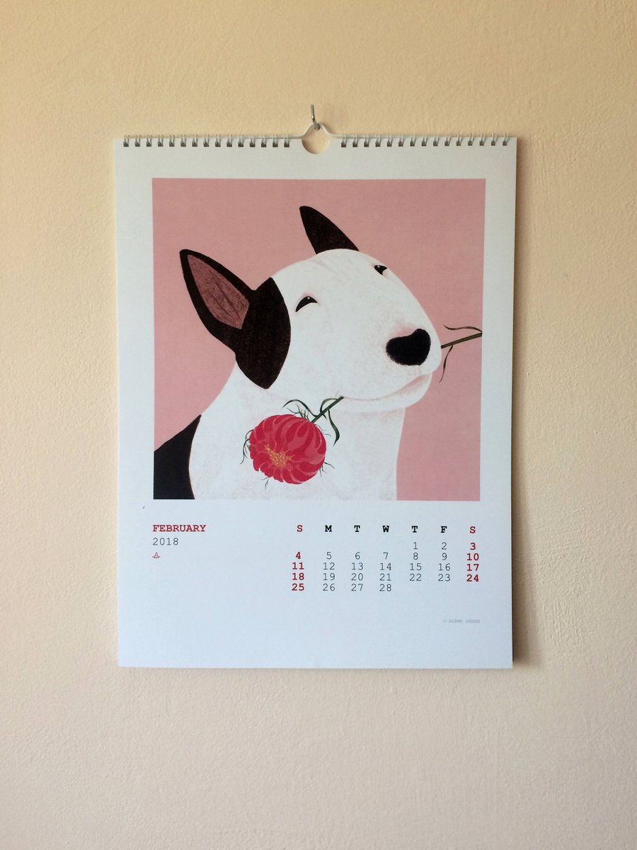 Etsy's tweet photo. Can I have your attention, please? This is a 2018 bull terrier calendar. I repeat: 12 months of illustrated bull terriers. 🌹 https://t.co/EZmcakpdSu https://t.co/BwEXEr8HD0