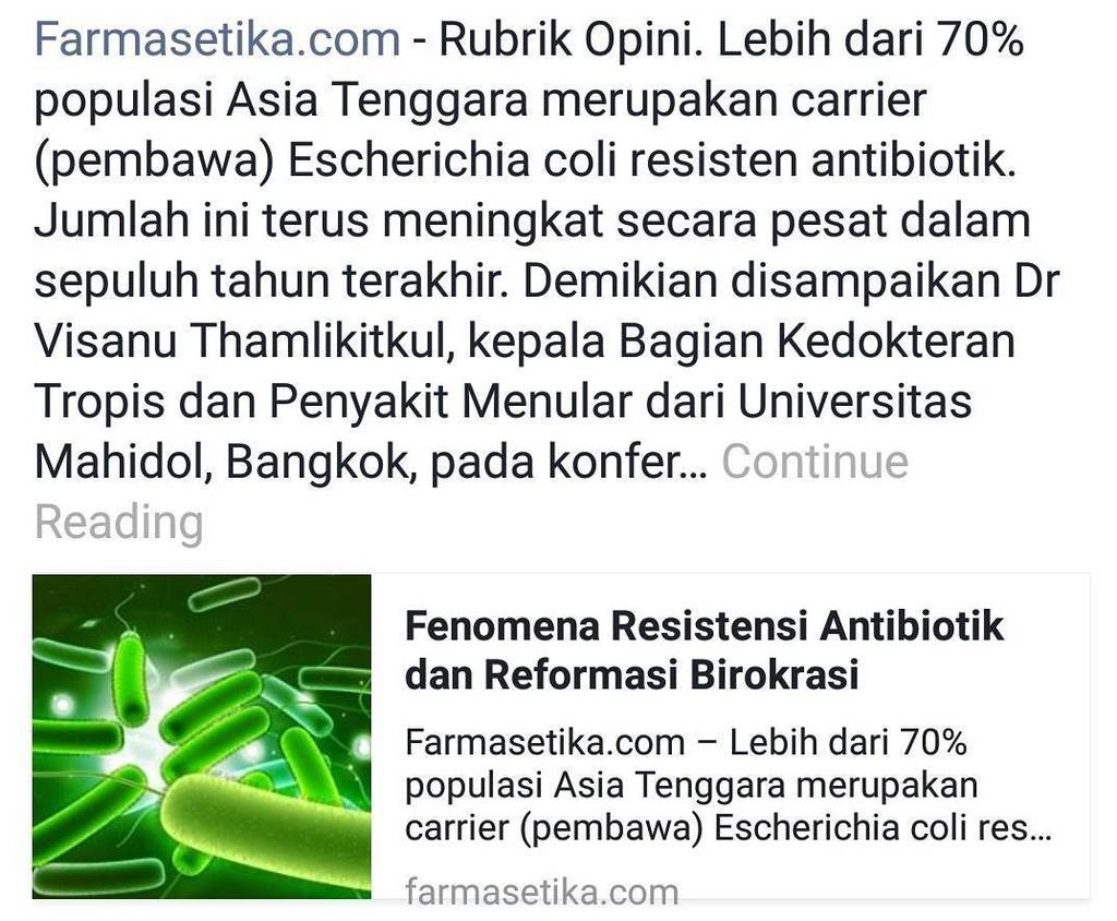 farmasetika_com's tweet photo. https://t.co/Yk6D0HtiLI - Rubrik Opini. Lebih dari 70% populasi Asia Tenggara merupakan carrier (pembawa) Escherichia coli resisten antibiotik. Jumlah ini terus meningkat secara pesat dalam sepuluh tahun terakhir. Demikian disampaikan Dr Visanu Thamlikit… https://t.co/pZhJE2HJdz https://t.co/TO6wJtYPhG