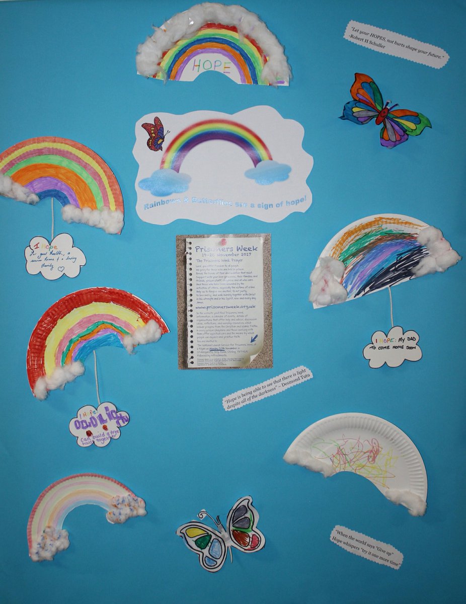 shottsGBT's tweet photo. Butterflies and Rainbows are symbols of Hope. Check out our wall display created by children visiting their loved one in HMP Shotts #HopeWithin2017 https://t.co/4PiwDs0Xhp