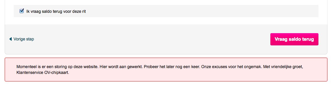 RoosKamp's tweet photo. @OVchipkaart Hoe kan het dat ik bij het terugvragen van saldo inmiddels al een week lang de melding krijg dat er een storing is op de website? Wanneer kan ik weer saldo terugvragen? https://t.co/jlKTUkcCBS