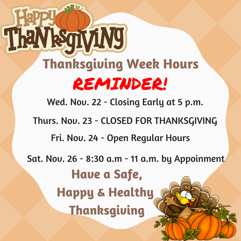 Wellness1FCC's tweet photo. REMINDER - #WellnessOne will be closing at 5 p.m. today and will be closed tomorrow for #Thanksgiving! We will resume regular hours on Friday!  Have a Safe, #Healthy and Happy Thanksgiving! https://t.co/cvdQuE6tRS