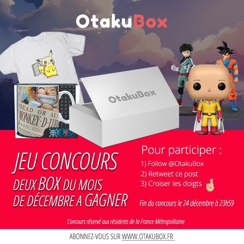 OtakuBox's tweet photo. [#Concours] pour le lancement du site https://t.co/yLsJdombGy. Deux BOX du mois de décembre à gagner 🎁. 
Pour participer RT + Follow. Tirage au sort le 24/12/17 au soir. https://t.co/4gLNVol52F