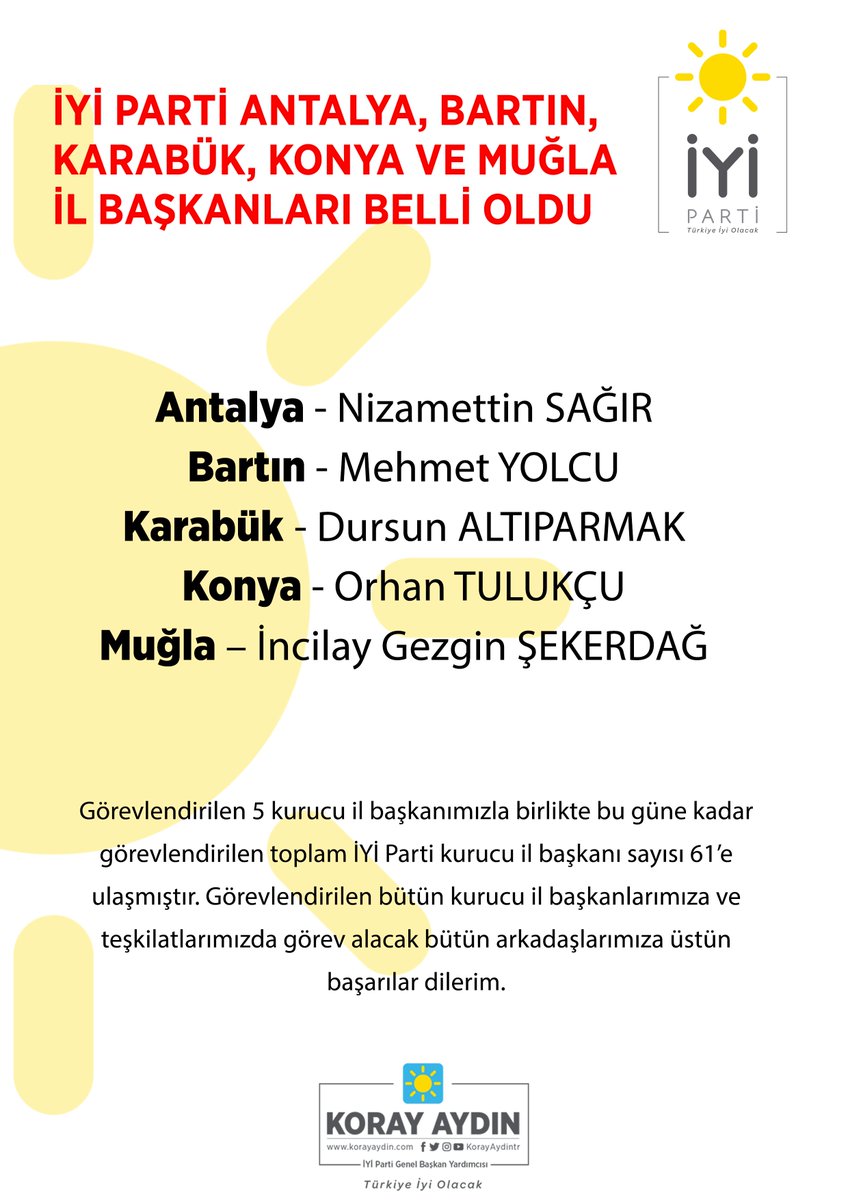 korayaydintr's tweet photo. Antalya, Bartın, Karabük, Konya ve Muğla il başkanlarımız da yapılan çalışmalar ve Genel Başkanımızın takdirleriyle görevlendirilmiştir. Görevlendirilen bütün kurucu il başkanlarımıza ve teşkilatlarımızda görev alacak bütün arkadaşlarımıza üstün 
başarılar dilerim. https://t.co/uSs8W3WHnb