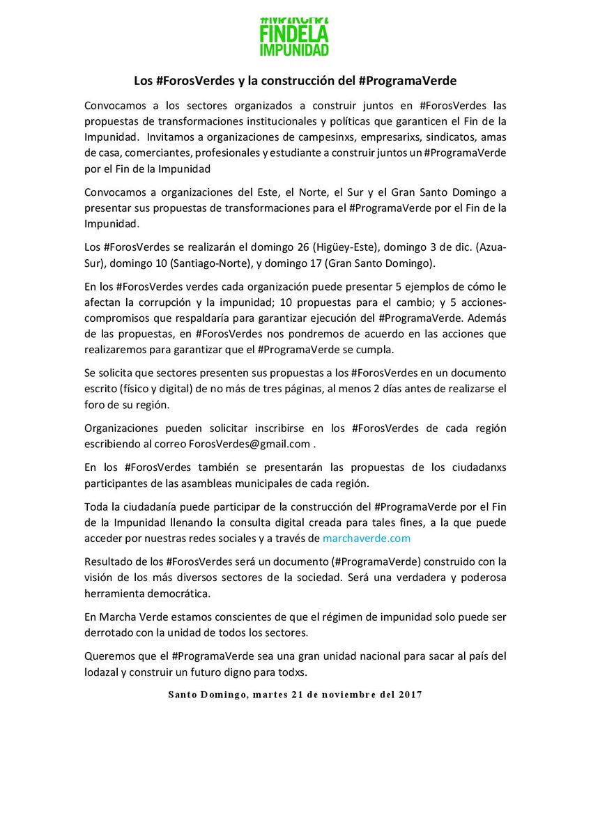 Convocamos a los sectores organizados a construir juntos en #ForosVerdes las propuestas de transformaciones institucionales y políticas que garanticen el Fin de la Impunidad.