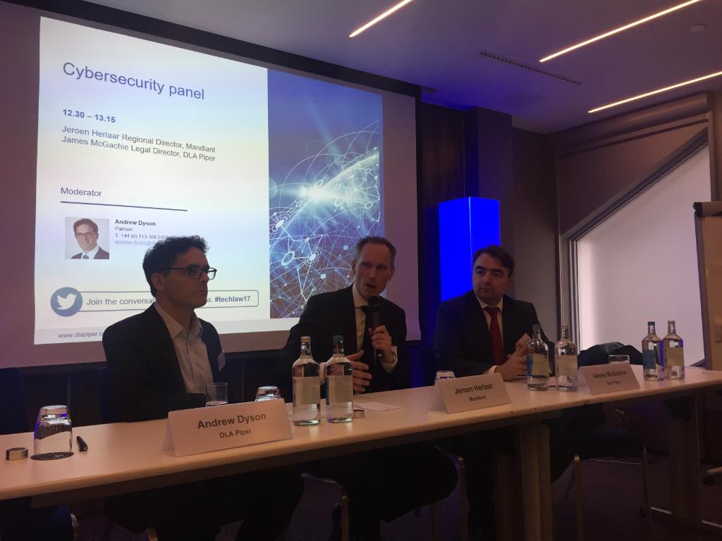 DLA_Piper's tweet image. Our Cybersecurity panel at TechLaw London 2017 with speaker Jeroen Herlaar, Regional Director at Mandiant, joined by James McGachie, Legal Director, DLA Piper, hosted by DLA Piper Partner Andrew Dyson dlapi.pr/OwcN3x #techlaw17