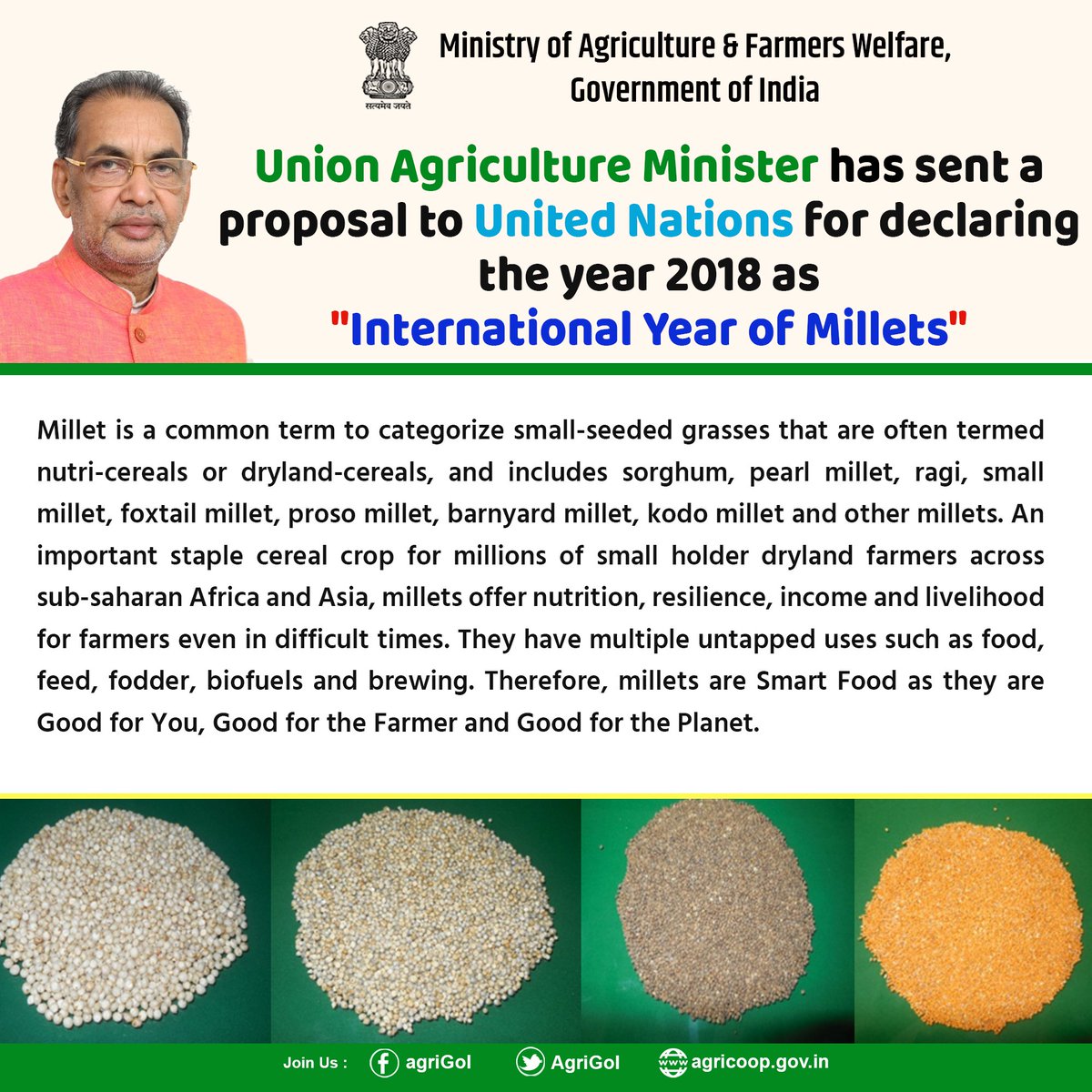 AgriGoI's tweet photo. Union Agriculture Minister, Shri Radha Mohan Singh, has sent a proposal to United Nations for declaring the year 2018 as ‘International Year of Millets’. https://t.co/WNleLv1MEc