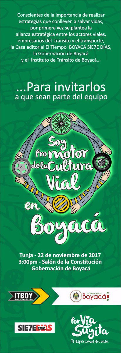 GobBoyaca's tweet photo. #Hoy @GobBoyaca y @NuestroITBOY en alianza con @boyacasietedias realizarán el lanzamiento de la campaña 'Soy Promotor de la Cultura Vial en Boyacá', a las 3:00 pm en el Salón de la Constitución. ¡Salva vidas en las vías! https://t.co/q95XlWXiyN