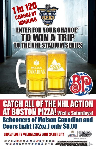 BPDrumheller's tweet photo. Join us again tonight for draw #3 of 24!!
Schooners and Ribs, Hoodie giveaway and the draw for the Ultimate NHL Experience... What else do you have to do on a Wednesday :) https://t.co/bXfI87vRkE