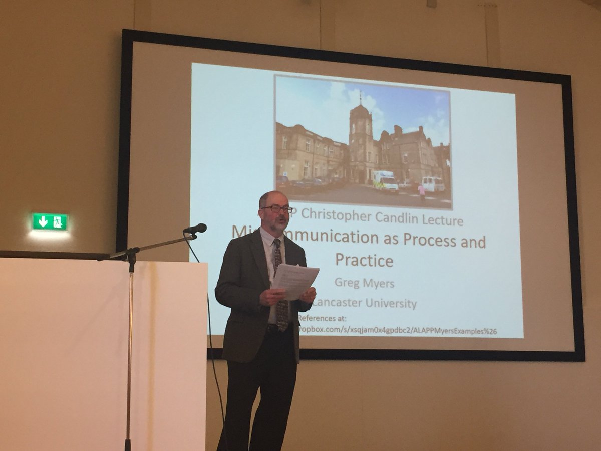 elenasemino's tweet photo. Now @GregMyers gives this year's Chris Candlin lecture: 'Miscommunication as process and practice'  #ALAPP2017 https://t.co/Jyx6mun8I0