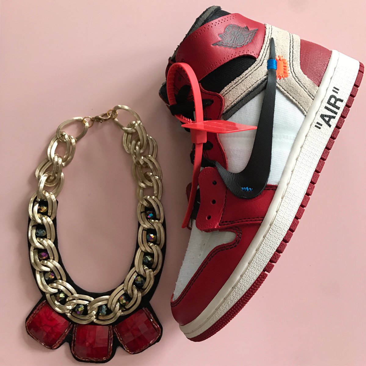 Lavitique's tweet photo. | Mix n' Match a #Lavitique Red Square Gem Necklace with your #NikeAirJordan 1 x #OffWhite | #Shopnow: https://t.co/ShcJK2Du4F https://t.co/A4ev1prgfD