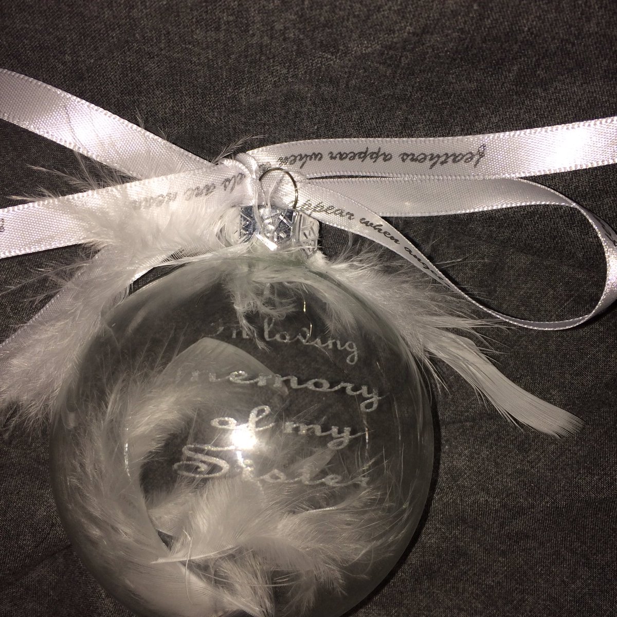 Memorial real glass Christmas bauble just £8 each including feathers 

Feathers appear when angels are near

Available with any massage of your choice