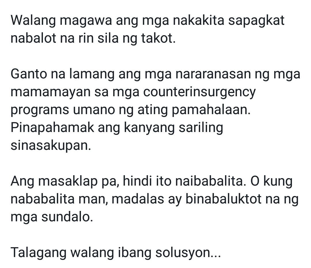 KasamangChad's tweet photo. Tutal uso ang pag-callout sa mga manyak ngayon, i-callout na dn natn ang institutional manyak na AFP na naghahasik ng lagim sa kanayunan.

Sadly, walang Twitter ang mga taga-bundok kaya bihira tayong makabasa ng gantong mga kwento. 

Militar sa kanayunan, palayasin!
#AFPBerdugo https://t.co/ZI7vlGnsyE