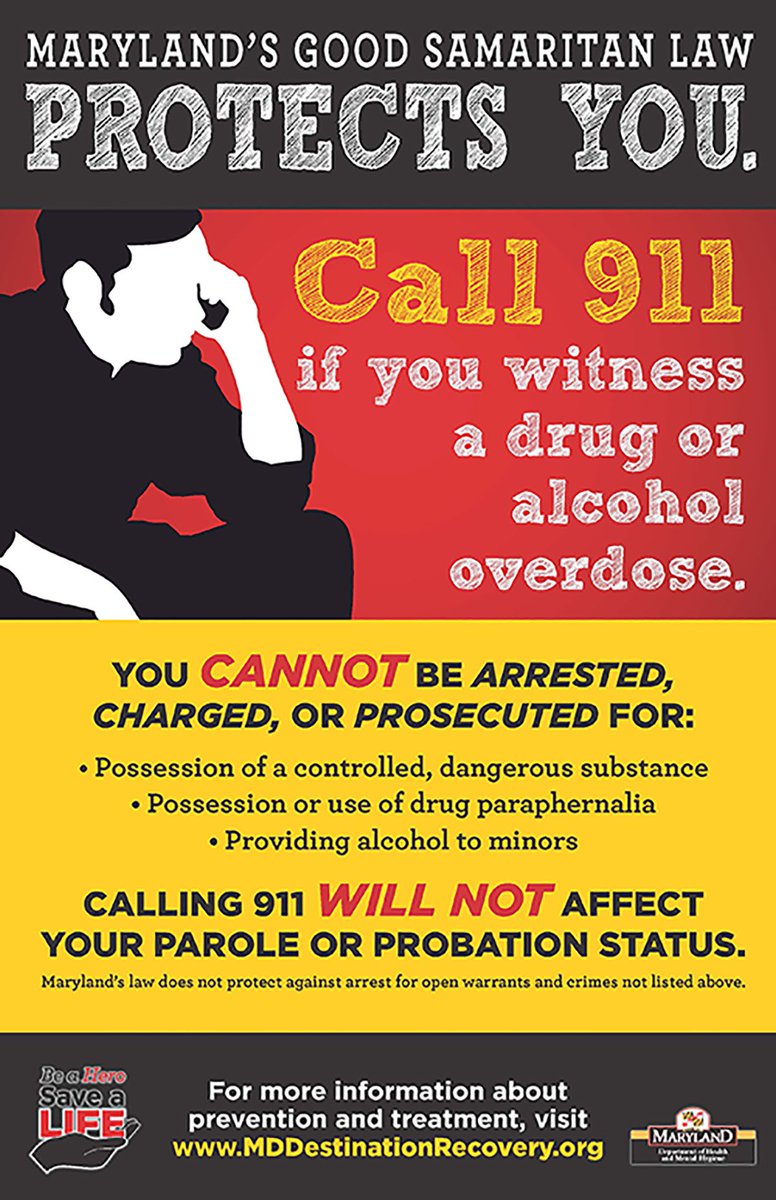 SMCHD_gov's tweet photo. Maryland’s Good Samaritan Law protects you if you witness a drug overdose. Learn how to administer naloxone and don’t hesitate to call 9-1-1!  https://t.co/UWDz9Ljtfg #MDDestinationRecovery https://t.co/4f1SVmT1Cb