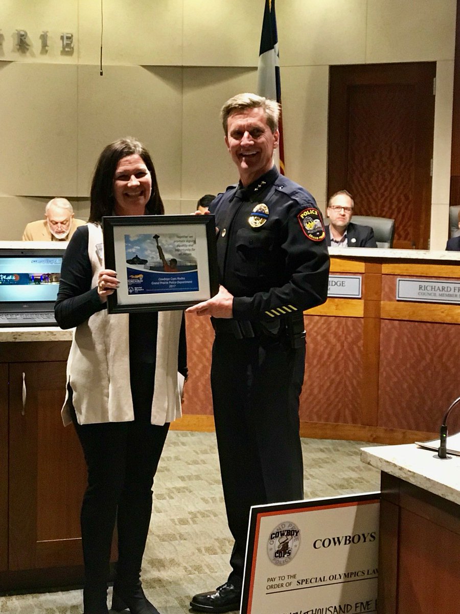 SOTexas's tweet photo. Last night @ChiefDye and @GrandPrairiePD presented a check to #SOTX for $20,544 during the Grand Prairie City Council Meeting. The funds were raised during the Cowboy Cops Rodeo back in Sept. We are #thankful for our #LETR folks &amp; for all they do for our athletes! https://t.co/8vRdjPLViv
