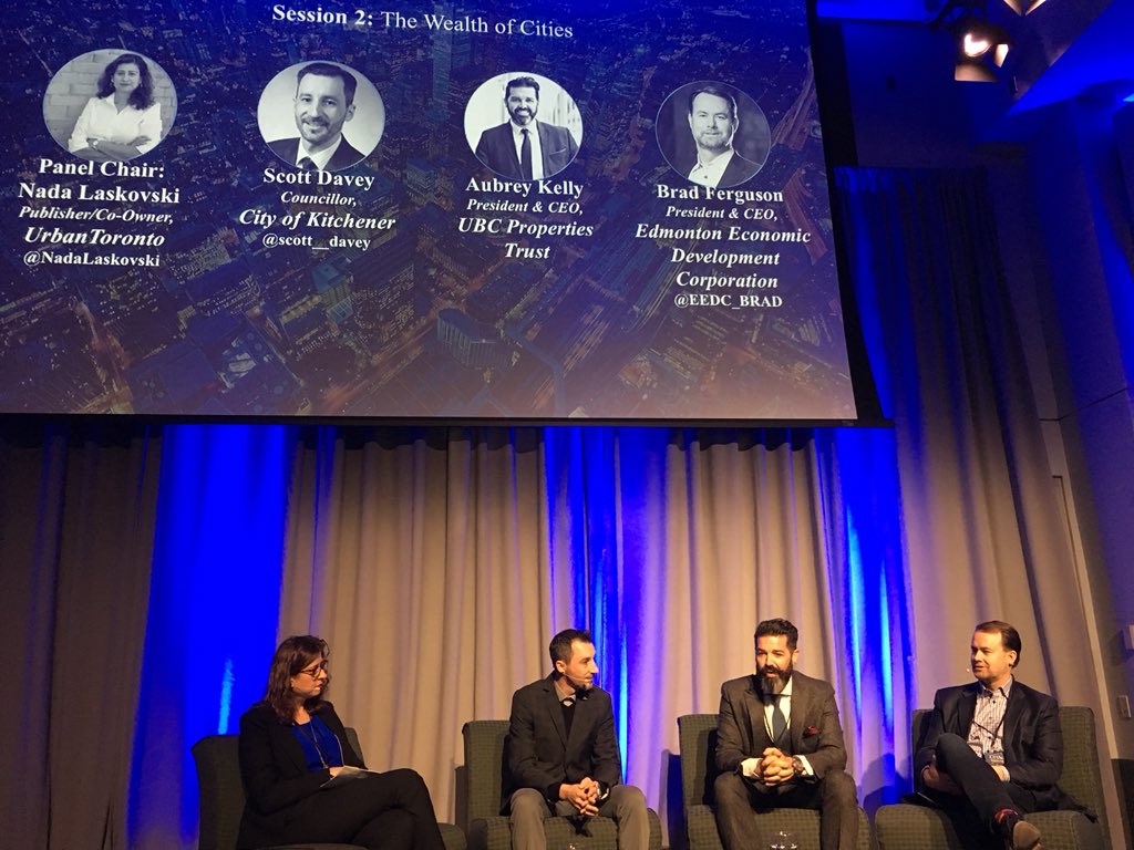 Urban_Toronto's tweet photo. The wealth of cities #CityAgeToronto @CityAge #toronto panel hosted by our own @NadaLaskovski featuring @Scott__Davey of @CityKitchener, Aubrey Kelly of UBC Properties Trust and Brad Ferguson @EEDC_BRAD of the Edmonton Economic Development Corp https://t.co/lVTz3SAIhc