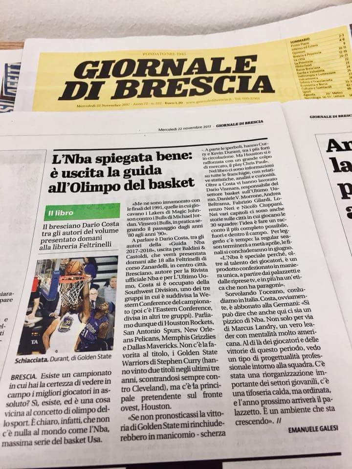 dariovismara's tweet photo. Domani presentiamo la #GuidaNBA a Brescia: il padrone di casa @MoBunton13 l'ha presentata oggi sul Giornale di Brescia. Info: https://t.co/inccJ43bFq https://t.co/9paofnUnDC