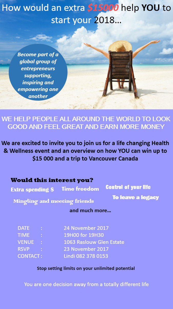MariseViviers's tweet photo. Get Started with us..
#Opportunity #2018 #WorkforYouself #International #Connections #BeYourOwnBoss #Bosslady #BossMan #Network #USA #Canada #Europe #India #Africa #Asia #NewZealand #Australia #Timetofly #Freedom #vacation #Bonus #Dollar
Inbox me for more info https://t.co/6upHKvc6kK
