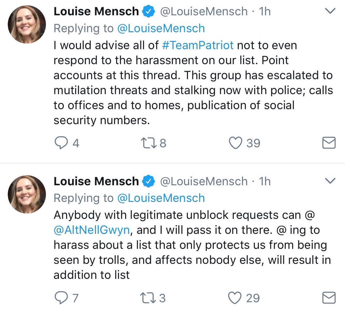 Jersey_Craig's tweet photo. Someone’s losing her shit.  A hashtag has her squirming.  @LouiseMensch is a fraud and she now knows that we know.  Keep it up people! #Resist 

#RejectDisinformation

#BlockedbyLouiseMensch #BlockedByChiefCovfefe 

#BlockListsHurtPeople 

Stay alert, shits gunna get real! https://t.co/3CI8pEyQNz
