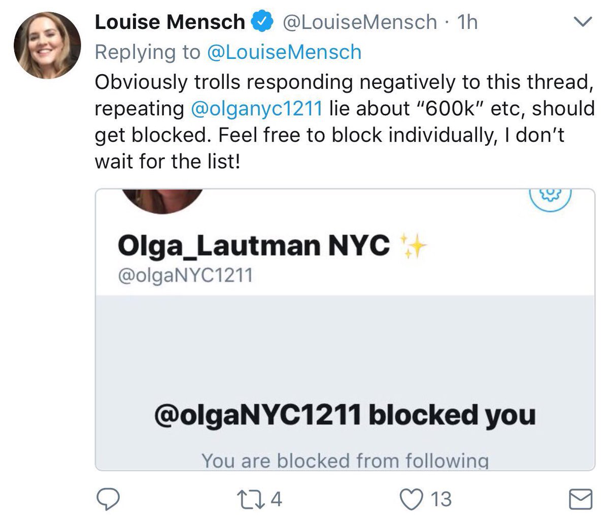 Jersey_Craig's tweet photo. Someone’s losing her shit.  A hashtag has her squirming.  @LouiseMensch is a fraud and she now knows that we know.  Keep it up people! #Resist 

#RejectDisinformation

#BlockedbyLouiseMensch #BlockedByChiefCovfefe 

#BlockListsHurtPeople 

Stay alert, shits gunna get real! https://t.co/3CI8pEyQNz
