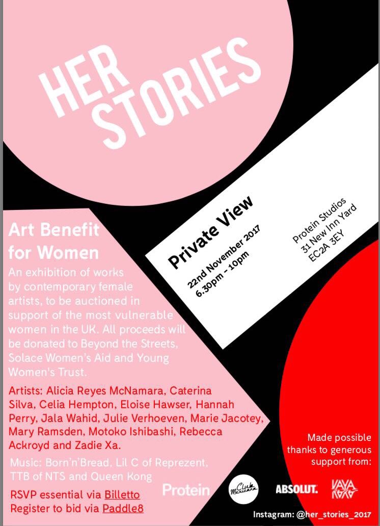 HerStoriesArt's tweet photo. TONIGHT! ✨🖤 The #HerStories2017 private view kicks off at 6:30pm at @ProteinStudios in #Shoreditch. Join us to take a look at the works - also not too late to purchase tickets for tomorrow's dinner &amp; auction event! https://t.co/vGASipiZVM