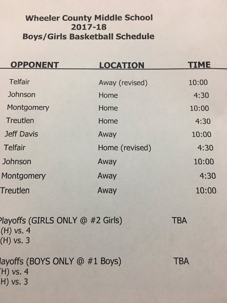 wheeler_county's tweet photo. Middle School Basketball Schedule.   Dec 2nd @ Jeff Davis has been cancelled https://t.co/leM8qBHiWY