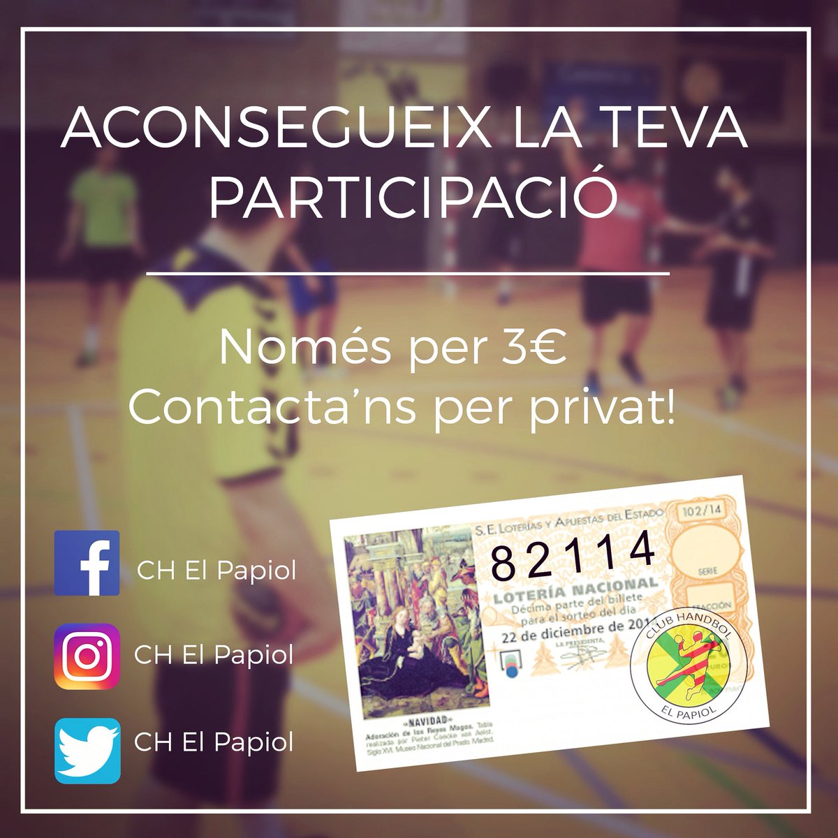 CHelPapiol's tweet photo. Aconsegueix la teva participació de la loteria de Nadal! (Només són 3€!!!) Contacta’ns per privat. Moltes gràcies!! https://t.co/wBIrio2ale