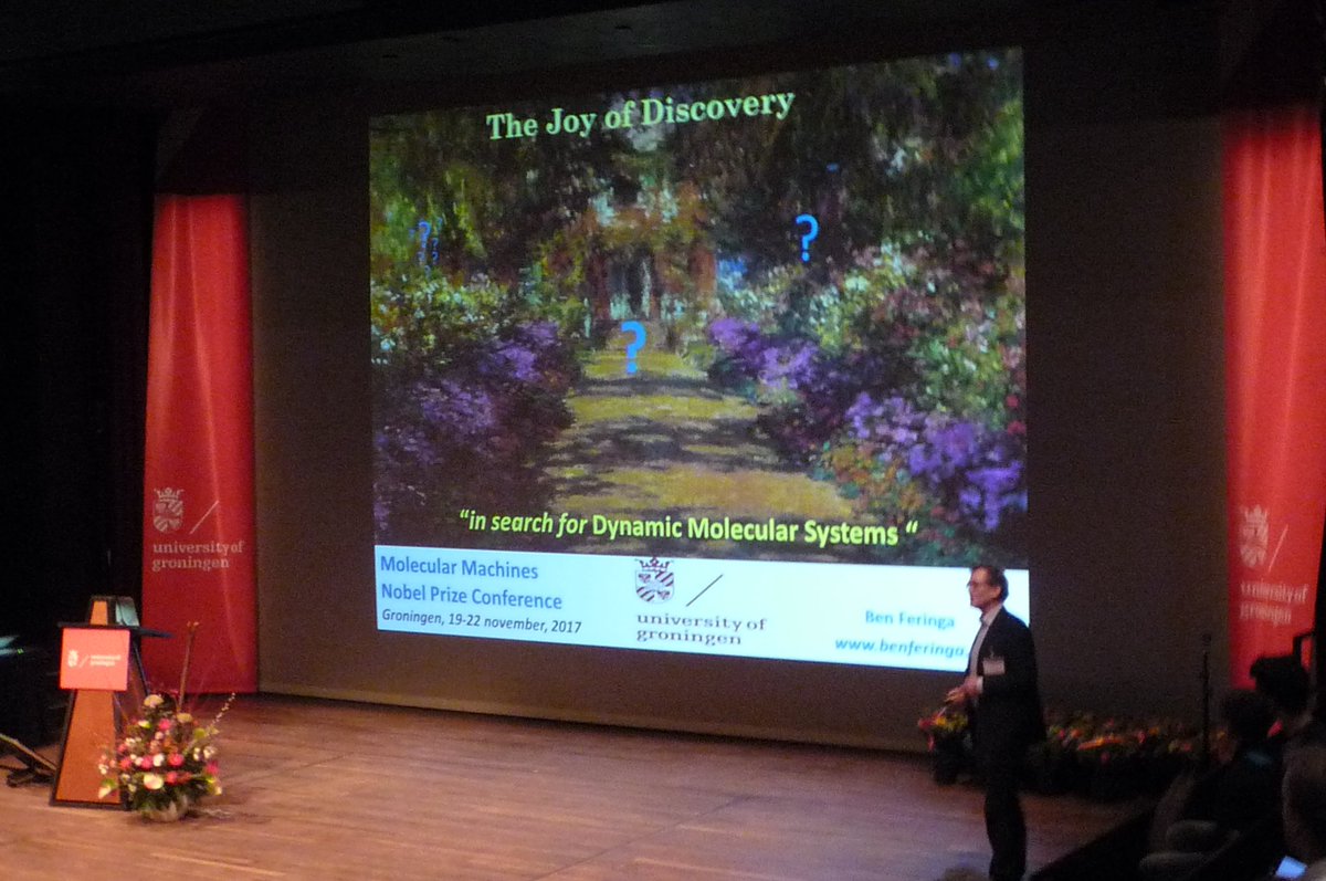 ScienceLinX's tweet photo. Now speaking: Ben Feringa on the Joy of Discovery. #MMNP Dedicated to Hans Wijnberg and Kurt Mislow. https://t.co/4rZ6dB7c2f