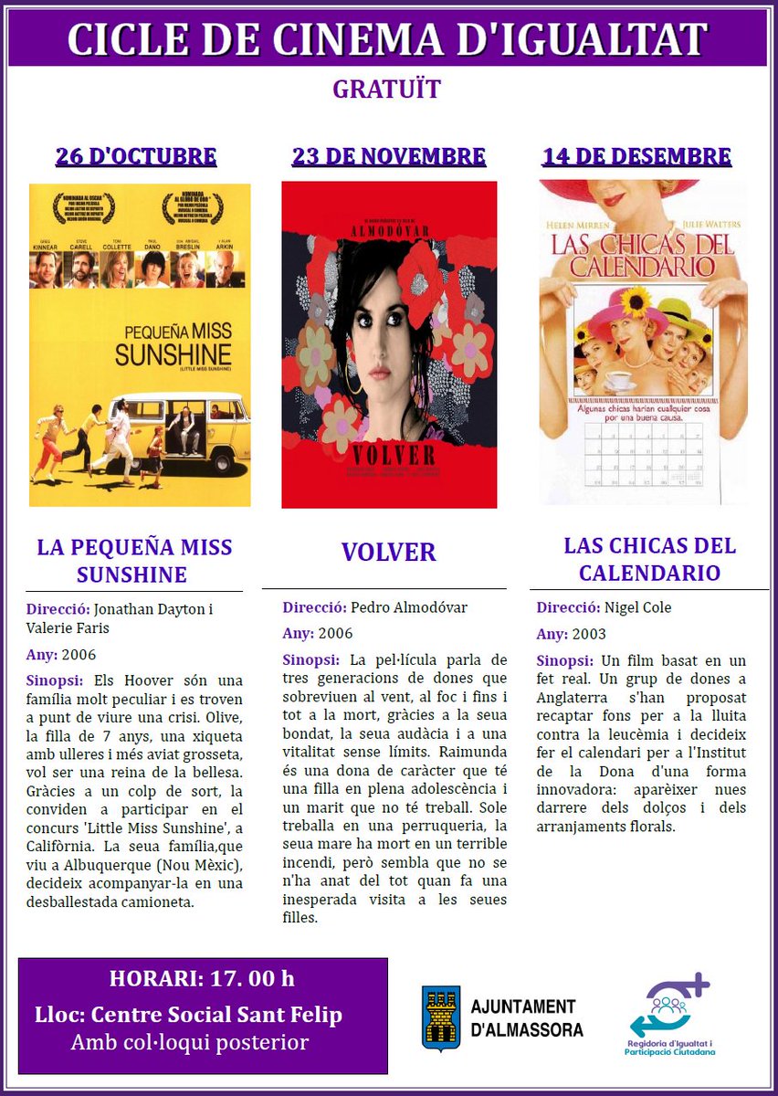 ajalmassora's tweet photo. ¡Palomitas preparadas porque nos vamos al cine! Mañana proyectamos en pantalla grande la película 'Volver', de Pedro Almodóvar, en el centro social San Felipe. 🎥💜 #BonsTractes https://t.co/qIEUwq2V4N