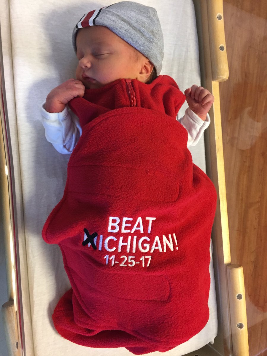 OSUWexMed's tweet photo. At #OSUWexMed, we have the cutest fans in the land! This week (11/20-11/25), all #BuckeyeBabies born at our hospital will receive a "#BeatMichigan" sleep sack &amp; hat to wear while they cheer on @OhioStAthletics this Saturday! #GoBucks #BeatTTUN https://t.co/8dcn5yZKI0